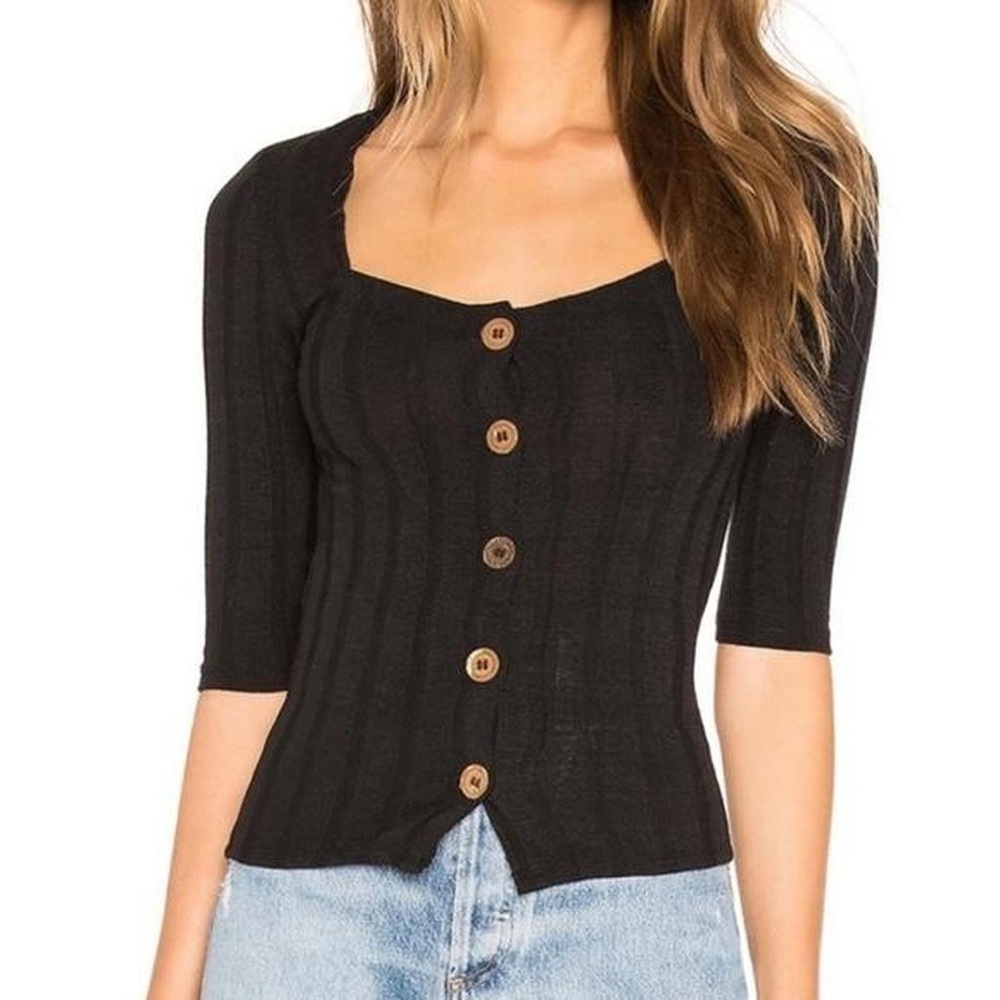 Free People Black Button-Up Ribbed Top